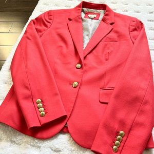J. Crew Wool Blend Blazer in Vibrant Coral with Brass Buttons, Size 6